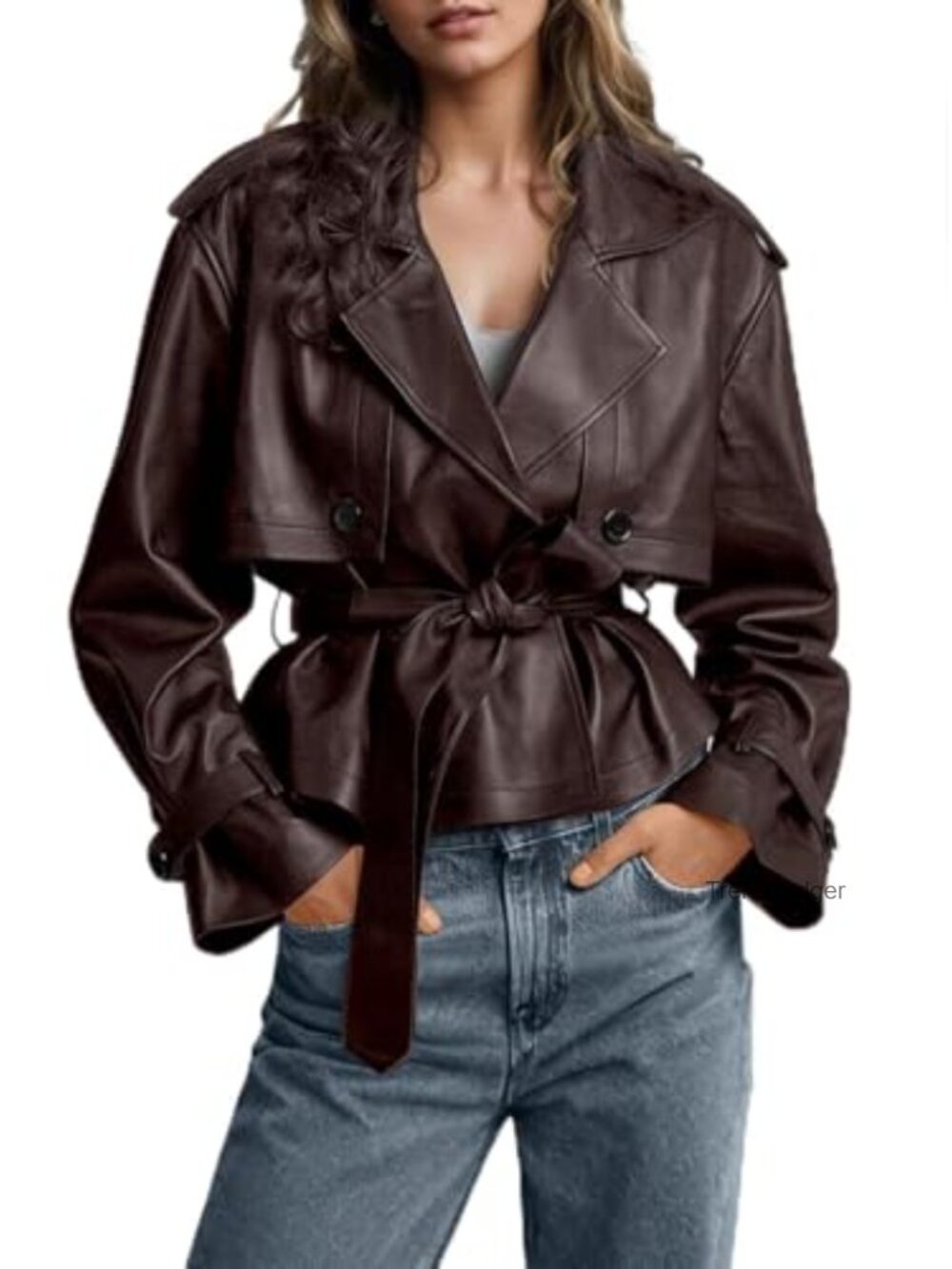 Faux Leather Belted Short Trench Coat Double Breasted Moto Jacket